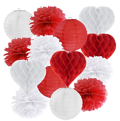 Hängedekoration 14 teilig Mix Rot / Weiß - Lampions, Herz Wabenbälle / Honeycombs, Pompoms Valentinstag Hochzeit von in due