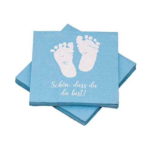 20 Servietten Babyfüße 'Schön, dass du da bist!' 33x33 cm - hellblau - für Geburt, Taufe, Babyshower von in due