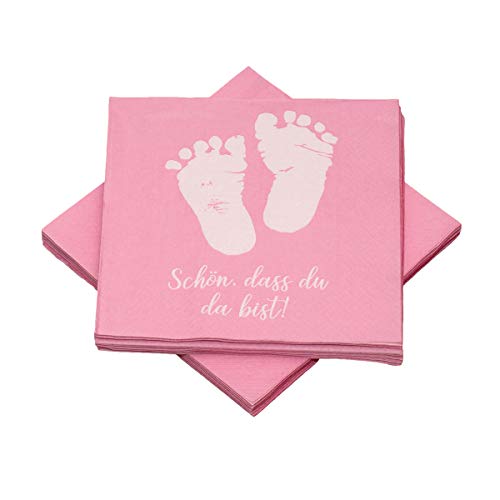 20 Servietten Babyfüße 'Schön, dass du da bist!' 33x33 cm - rosa - für Geburt, Taufe, Babyshower, Mädchen von in due