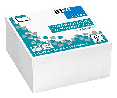 inFO Notes Haftnotizen mit antimikrobieller/antibakterieller Ausrüstung, weiß, 75 x 75 mm, 400 Blatt pro Würfel, FSC-zertifiziert, 5120-08 von inFO Notes