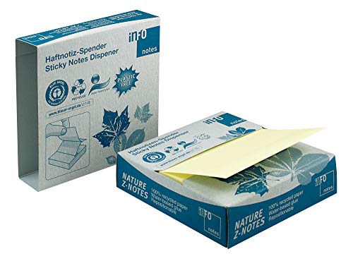 inFO Notes Recycling Haftnotizen in Z-Faltung 75x75mm 100 Blatt recycling gelbes Papier - ausgezeichnet mit dem Blauen Engel In praktischem und umweltfreundlichen Kartonspender 5643-11box von inFO Notes