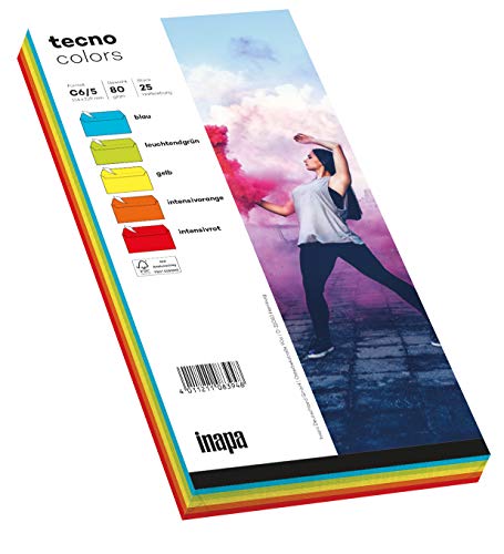 inapa Briefumschläge tecno Colors - DIN-C6/5 (114 x 229), 80 g, Farbmix, haftklebend, ohne Fenster, 25 Stück von inapa