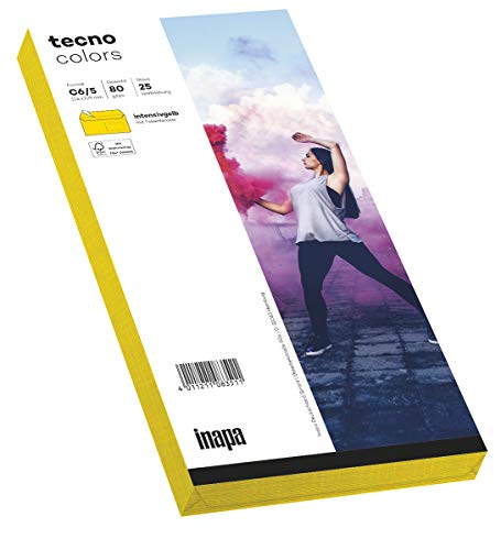 inapa Briefumschläge tecno Colors - DIN-C6/5 (114 x 229), 80 g, intensiv-gelb, haftklebend, mit Fenster, 25 Stück von inapa