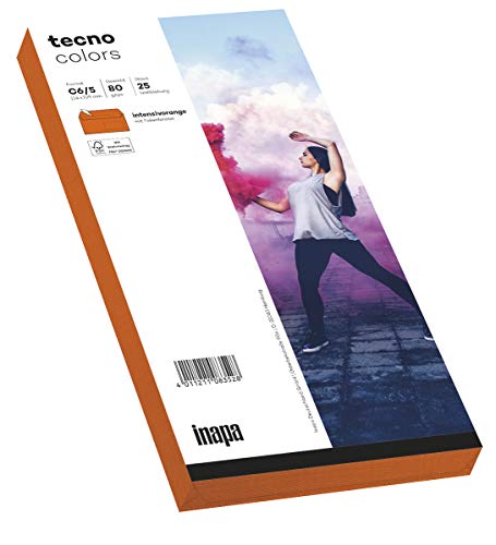 inapa Briefumschläge tecno Colors - DIN-C6/5 (114 x 229), 80 g, intensiv-orange, haftklebend, mit Fenster, 25 Stück von inapa