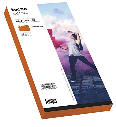 inapa Briefumschläge tecno Colors - DIN-C6/5 (114 x 229), 80 g, intensiv-orange, haftklebend, ohne Fenster, 25 Stück von inapa