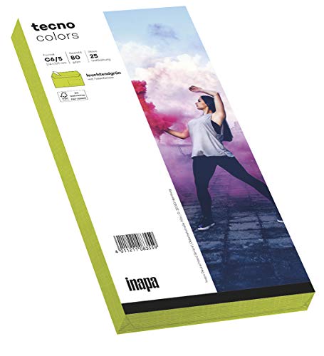 inapa Briefumschläge tecno Colors - DIN-C6/5 (114 x 229), 80 g, leuchtend-grün, haftklebend, mit Fenster, 25 Stück von inapa