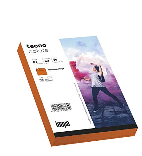 inapa Briefumschläge tecno Colors - DIN-C6 (114 x 162), 80 g, intensiv-orange, haftklebend, ohne Fenster, 25 Stück von inapa