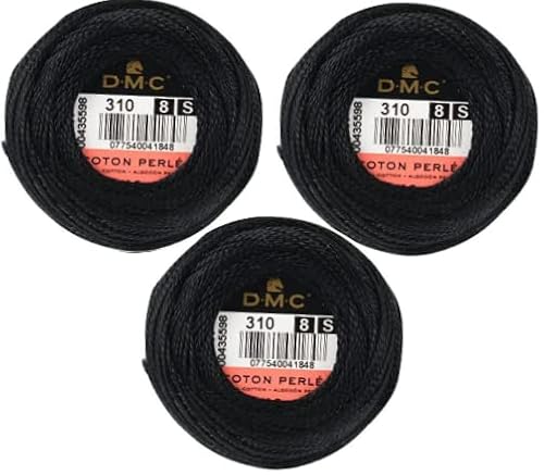 DMC Perlgarn aus Baumwolle, Schwarz, 3 Packungen, Größe 8, DMC 116 8-310, 90 m, Inceler-Bündel von inceler