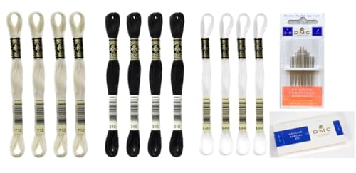 DMC Sticktwist Mouline Special Schwarz (310), Creme (712), Weiß (Blanc) – 3 Farben Garnbündel mit DMC Sticknadeln 3–9, INCELER Supplies von inceler