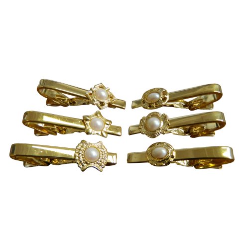 Krawatten-Clips 6er Set vergoldet Perlen Krawattenklammer Herren Schmuck verschiedene Motive edel retro von indischerbasar.de