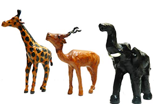 indischerbasar.de Ledertiere 3er Pack Giraffe Antilope Elefant Echtleder Pappmaché Dekoration Wohndeko Kunsthandwerk von indischerbasar.de