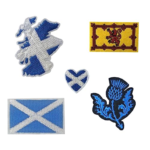 Set mit 5 Aufnähern, Schottland-Stickerei, zum Aufbügeln oder Aufnähen, bestickt, Motiv: schottische Flagge, Karte mit Herz, Distel, schottischer Löwe von inking house