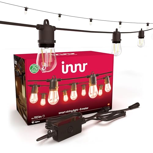 innr Smart LED Lichterkette außen 8m, Zigbee, Funktioniert mit Hue* und Alexa (Bridge erforderlich), Warmweiß, Outdoor Lichterkette Balkon, 16 Smart Glühbirnen, IP65 wasserdicht, dimmbar, Komplettset von innr