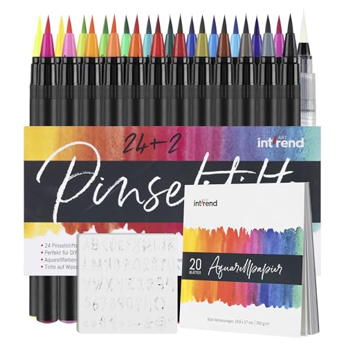 int!rend Brush Pen Set 51-teilig - 24 Aquarellstifte, 2 Wasserstifte, 20 Blätter Aquarellpapier, 5 Schablonen - Handlettering Stifte, Pinselstifte für Bullet Journal von int!rend