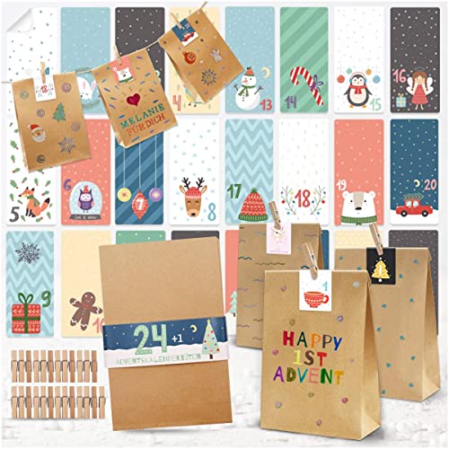 int!rend DIY Adventskalender zum Befüllen – hochwertige Papiertüten mit bunten Stickern und Klammern zum Gestalten und selber Basteln von int!rend