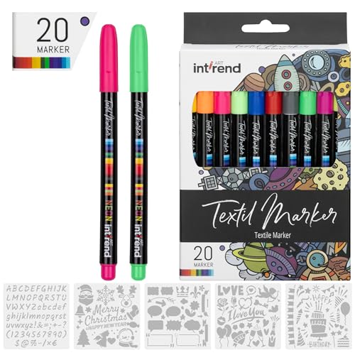 int!rend Textilstifte waschmaschinenfest 25er Set - Textilfarbe Textilmarker - 20 bunte Stoffmalfarben waschfest und 5 Schablonen - Stoffmalfarbe Stoffmalstifte Textilfarben int!rend Textilstifte waschmaschinenfest 25er Set - Textilfarbe Textilmarker - 20 bunte Stoffmalfarben waschfest und 5 Schablonen - Stoffmalfarbe Stoffmalstifte Textilfarben von int!rend