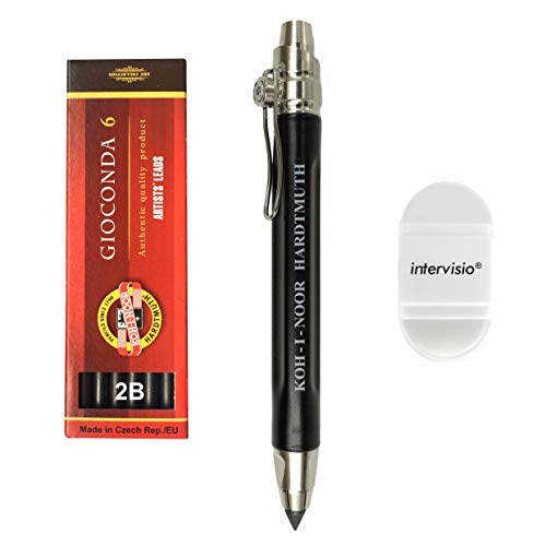 intervisio Koh-I-Noor 5311 Mechanischer Fallminenstift 5,6 mm – Metallminenhalter mit Graphitminen Set 4865 2B Bleistiftspitzer mit Radiergummi - für Schule, Büro, Schriftsteller, Künstler von intervisio