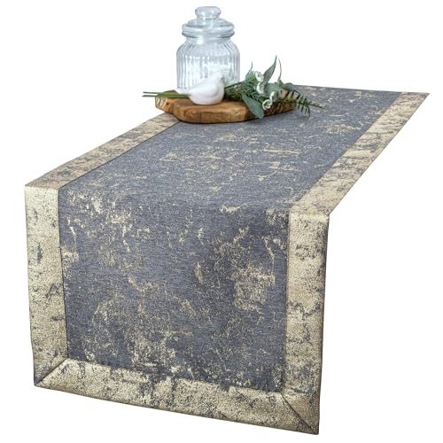 invitta Tischläufer Premium Grau mit Goldakzenten 40x80 cm – luxuriöser Look mit 5 cm breitem, hochwertigem Kuvertsaum – Fleckenschutz mit Lotus-Effekt, pflegeleicht, 100 % Polyester – O5-6112-2502-Z von invitta