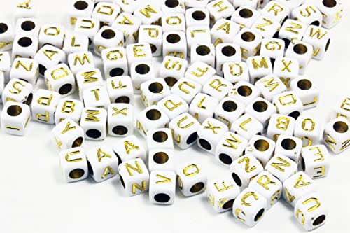 INWARIA Buchstabenperlen Würfel A-Z mix 6 mm Kunststoff Perlen Perle, Weiß / goldfarben 100 Stück, P-49/6/w.g von inwaria