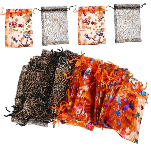 iplusmile 60 Stück Teiliges Halloween Geschenkbeutel mit Spinnen und Kürbisdruck Transparente Organza Zugbeutel für Süßigkeiten Snacks Partygeschenke für Halloween Feiern und Trick Treating von iplusmile