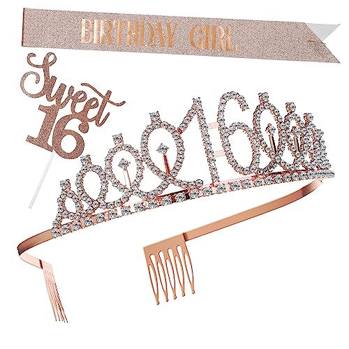 iplusmile Jahre Geburtstagsdeko Set Roségold mit Strasskrone Kuchen Topper und Schärpe für Frauen Teiliges Party Dekorationsset für Drinnen und Draußen von iplusmile