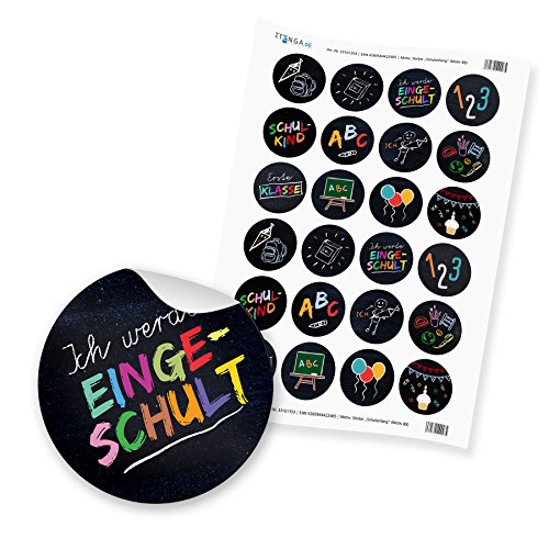 24 x itenga Sticker Aufkleber Etikett Schulanfang Einschulung Ich werde eingeschult (Mixbogen schwarzer Hintergrund) von itenga