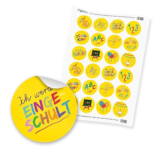 24 x itenga Sticker Aufkleber Etikett Schulanfang Einschulung Ich werde eingeschult (Mixbogen gelber Hintergrund) von itenga