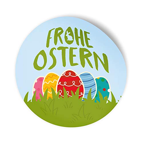 25x itenga Frohe Ostern Aufkleber Sticker Etiketten Osterreier bunt kräftige Farben rund 4cm von itenga