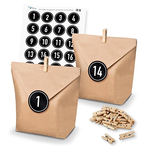DIY Adventskalender Set zum Basteln und Selberbefüllen- Papiertüten Klammern Zahlensticker schwarz von itenga