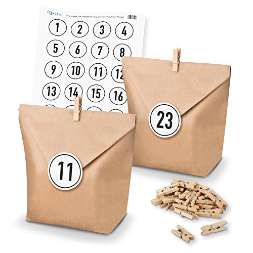 DIY Adventskalender Set zum Basteln und Selberbefüllen- Papiertüten Klammern Zahlensticker weiß von itenga