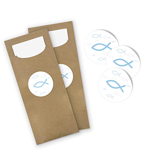 itenga 100x Bestecktaschen Pochetten aus Papier inkl. Serviette I Sticker Fisch Hellblau I 8,2 cm x 20,0 cm I geeignet für Taufe, Kommunion & Konfirmation von itenga