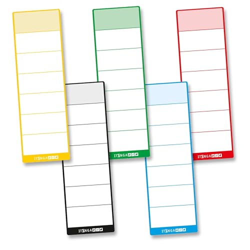 itenga 100x Ordneretiketten Ordnerrückenschild für breite und schmale Ordner I Aufkleber für Ordnerrücken selbstklebend aus Haftpapier (Farbmix 5 Farben, für breite Ordner 6x19cm) von itenga