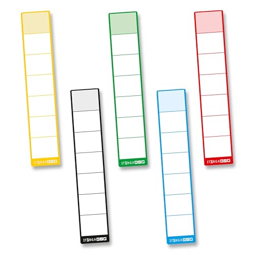 itenga 100x Ordneretiketten Ordnerrückenschild für breite und schmale Ordner I Aufkleber für Ordnerrücken selbstklebend aus Haftpapier (Farbmix 5 Farben, für schmale Ordner 3,6 x 19cm) von itenga