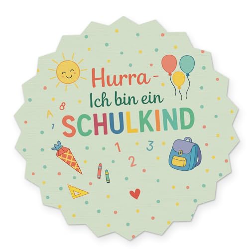 itenga 10x Sticker Einschulung Schulanfang Aufkleber Endlich Schulkind Tafel rund Gastgeschenk Geschenkverpackung (Hurra ich bin ein Schulkind) von itenga