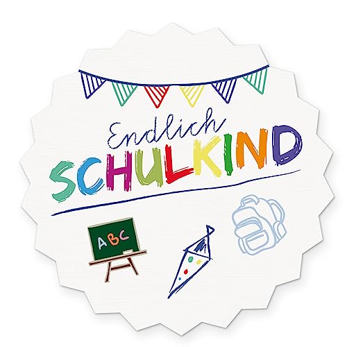 itenga 10x Sticker Einschulung Schulanfang Aufkleber Endlich Schulkind Tafel rund Gastgeschenk Geschenkverpackung (weiß) von itenga