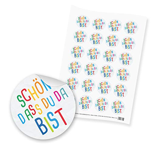 itenga 24x Sticker Geschenke Aufkleber Motiv Kids Schön dass du da bist bunte Schrift Kinder Geburtstag Feier zum Basteln und Verschönern von itenga
