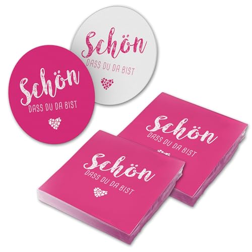 itenga 40x Servietten mit 40x Bierdeckel Schön dass du da bist (pink/fuchsia) von itenga