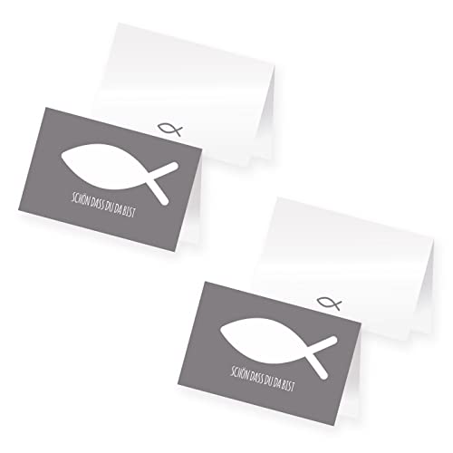 itenga 48 x Tischkarten Platzkarten Namensschild Fisch Kommunion Taufe Konfirmation (grau) von itenga