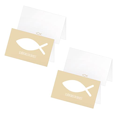 itenga 48 x Tischkarten Platzkarten Namensschild Fisch Kommunion Taufe Konfirmation Jungen Mädchen (Sand) von itenga