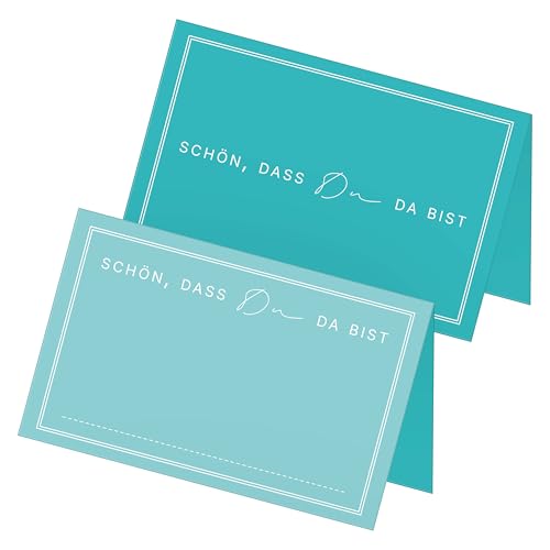 itenga 48x Tischkarten „Schön, DASS du da bist“ – Design V3 – Moderne Platzkarten für Hochzeit, Taufe, Geburtstag – 9 x 5 cm – in 13 Farben erhältlich (Aqua) von itenga