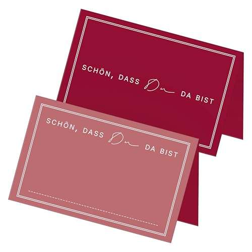 itenga 48x Tischkarten „Schön, DASS du da bist“ – Design V3 – Moderne Platzkarten für Hochzeit, Taufe, Geburtstag – 9 x 5 cm – in 13 Farben erhältlich (Bordeaux rot) von itenga