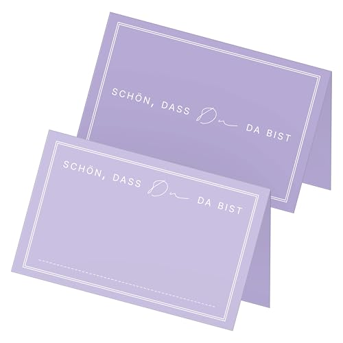 itenga 48x Tischkarten „Schön, DASS du da bist“ – Design V3 – Moderne Platzkarten für Hochzeit, Taufe, Geburtstag – 9 x 5 cm – in 13 Farben erhältlich (Flieder) von itenga