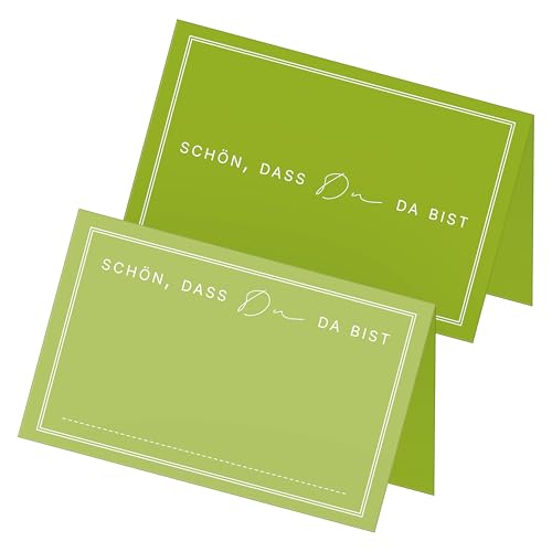 itenga 48x Tischkarten „Schön, DASS du da bist“ – Design V3 – Moderne Platzkarten für Hochzeit, Taufe, Geburtstag – 9 x 5 cm – in 13 Farben erhältlich (frühlingsgrün) von itenga