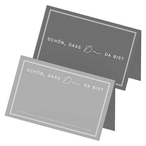 itenga 48x Tischkarten „Schön, DASS du da bist“ – Design V3 – Moderne Platzkarten für Hochzeit, Taufe, Geburtstag – 9 x 5 cm – in 13 Farben erhältlich (grau) von itenga