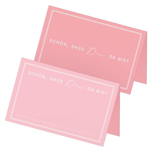 itenga 48x Tischkarten „Schön, DASS du da bist“ – Design V3 – Moderne Platzkarten für Hochzeit, Taufe, Geburtstag – 9 x 5 cm – in 13 Farben erhältlich (rosa) von itenga