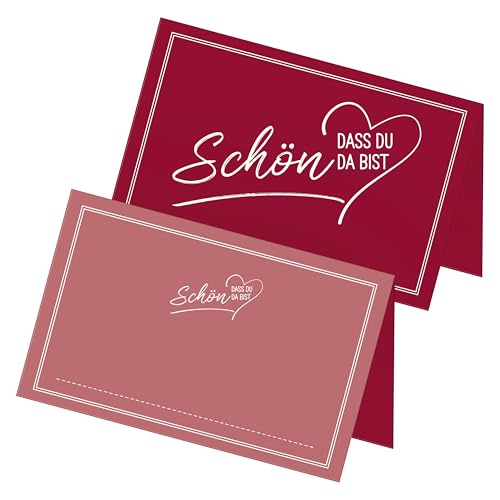 itenga 48x Tischkarten „Schön, DASS du da bist“ V2 – Platzkarten Namensschilder – 9 x 5 cm – ideal für Hochzeit, Taufe, Geburtstag, Feier – 13 Farben verfügbar (Bordeaux rot) von itenga