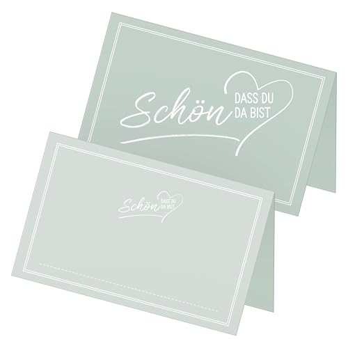 itenga 48x Tischkarten „Schön, DASS du da bist“ V2 – Platzkarten Namensschilder – 9 x 5 cm – ideal für Hochzeit, Taufe, Geburtstag, Feier – 13 Farben verfügbar (eukalyptus grün) von itenga
