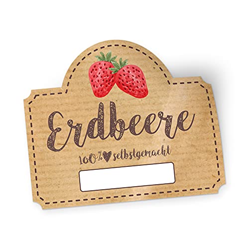 itenga 50x Marmeladen Etikett Erdbeere Aufkleber 100% selbstgemacht Sticker braun selbstklebend für Marmelade Einmachgläser Geschenke - hochwertiges Papier - 4,5x3,8cm von itenga
