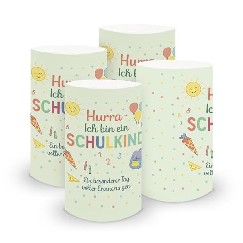 itenga 6X Windlicht Tischlicht aus Folie I Schulanfang Endlich Schuldkind Tafelmotiv I 10,0 x 21,0 cm I ideal als Tischdeko I geeignet für Teelichter oder LED-Kerzen (Hurra ich Bin EIN Schulkind) von itenga