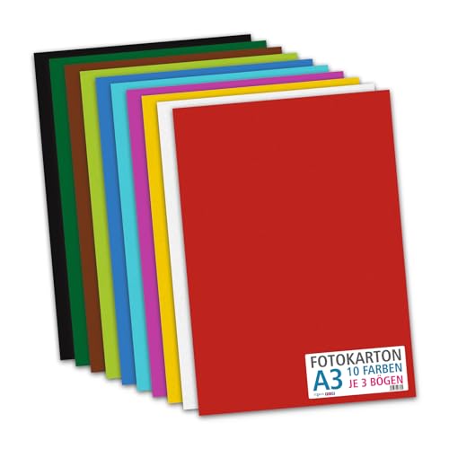 itenga Fotokarton Bogen farbig sortiert DIN A2 A3 A4 A5 A6-300 g/qm 30 Blatt - Tonkarton Bastelkarton Bastelpapier 10 Standardfarben - pro Farben je 3 Blatt (DIN A3-30 Blatt 10 Farben 300 g/qm) von itenga